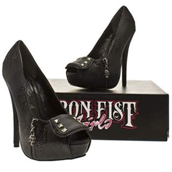 Iron Fist Shoes - Iron Fist Ruff Rider Black Platform Heels Skulls